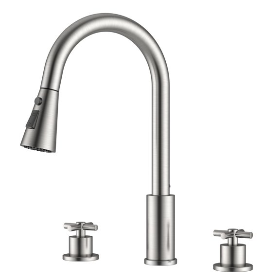APPASO Brushed Nickel Kitchen Faucet, 2-Handle 3-Hole High Arc Gooseneck Faucet with Pull-Out Sprayer, 3 Spray Modes