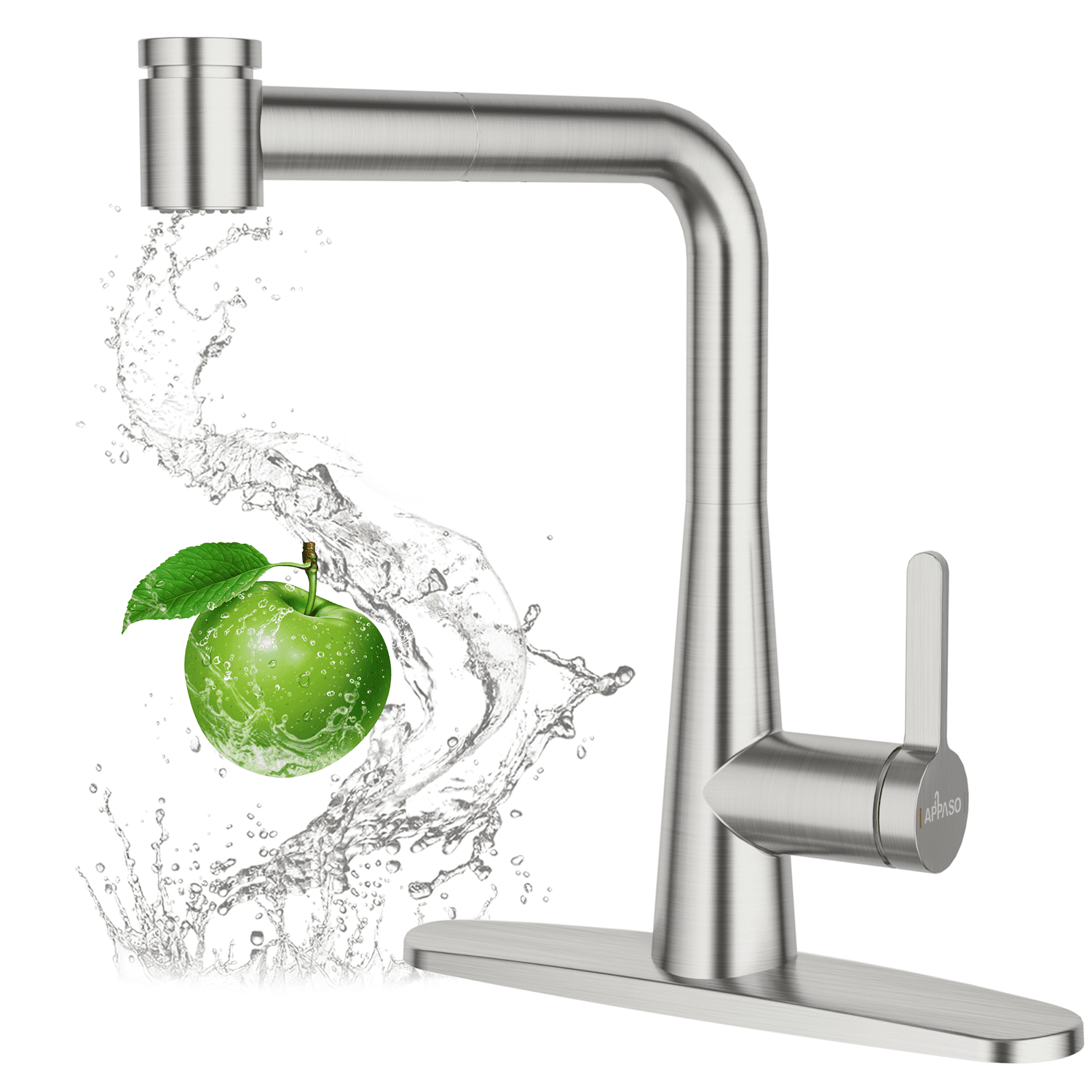 APPASO Brushed Nickel Kitchen Sink Faucet with Pull Out Sprayer and Deck Plate, 360° Swivel Zinc