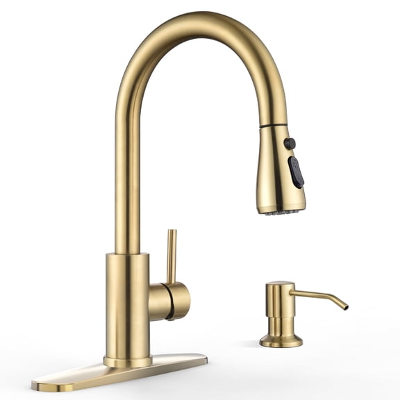 APPASO Gold Kitchen Faucet with Soap Dispenser and Pull Down Sprayer, S304 Stainless Steel Single Handle High Arc Faucet, 3 Modes, Includes Deck Plate for 1-4 Hole Sinks (Bar, Farmhouse, Laundry)