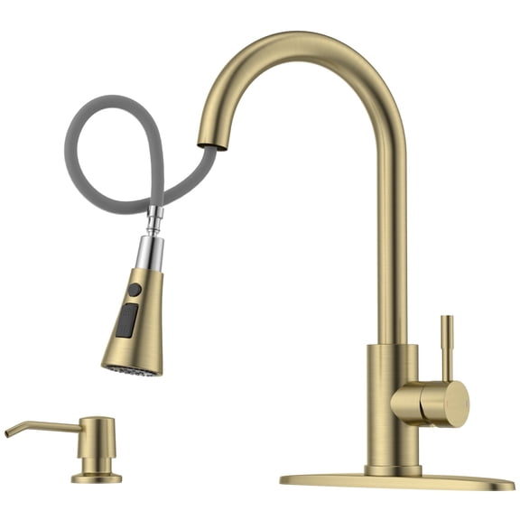 APPASO Gold Kitchen Faucet with Soap Dispenser, S304 Stainless Steel Single Handle Sink Faucets with Pull-Down Sprayer and Soap Dispenser, 3 Modes Modern High Arch with Deck Plate for 1 to 4 Hole