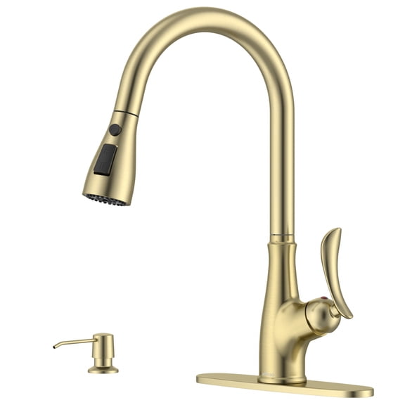 APPASO Kitchen Faucet with Soap Dispenser, Gold Kitchen Faucet with Pull Down Sprayer, 3 Modes Faucets for Kitchen Sink, Gooseneck Kitchen Sink Faucets for 1 or 3 Holes with Deck Plate