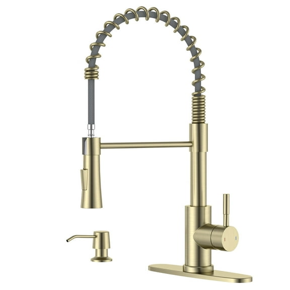 APPASO Kitchen Faucet with Soap Dispenser, SUS304 Pull Down Kitchen Faucet Commercial Single Handle High Arc Faucet for Kitchen Sink, Brushed Gold