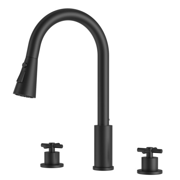 APPASO Matte Black Kitchen Faucet, 2-Handle 3-Hole High Arc Gooseneck Faucet with Pull-Out Sprayer, 3 Spray Modes