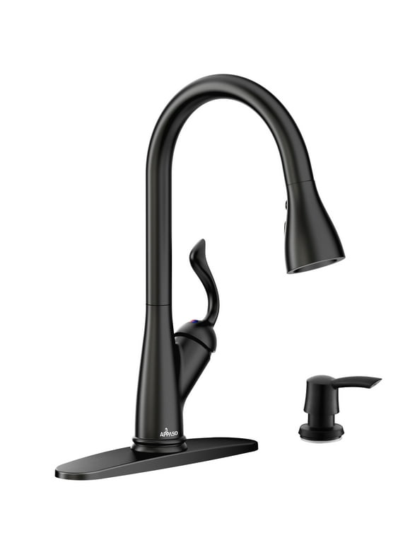 APPASO Matte Black Kitchen Faucet with Pull Down Sprayer and Soap dispenser-Single Handle High Arc One Hole Kitchen Sink Faucet with Pull Out Sprayer and Deck Plate
