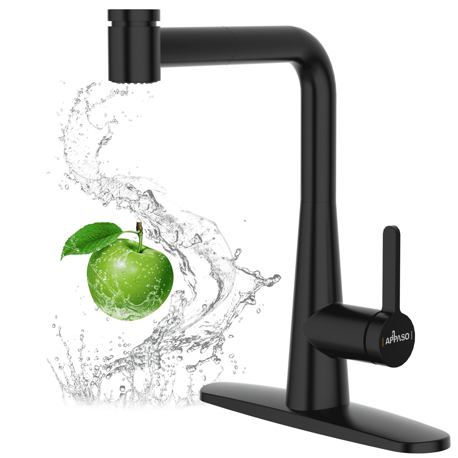 APPASO Matte Black Kitchen Sink Faucet with Pull Out Sprayer and Deck Plate, 360° Swivel Zinc