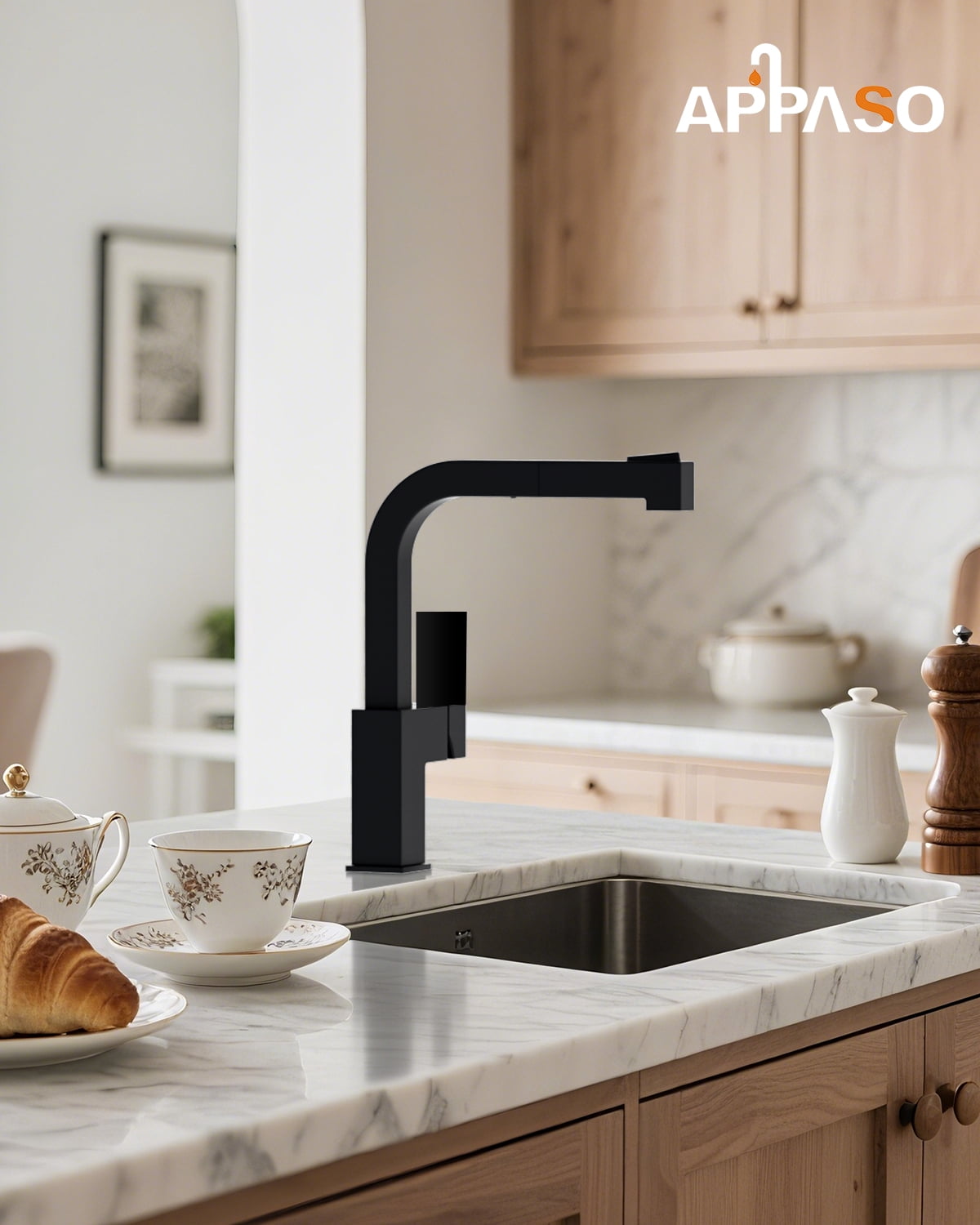 APPASO Square Kitchen Faucet Black, S304 Stainless Steel Modern Sink Faucets with Pull Out Sprayer 2 Modes