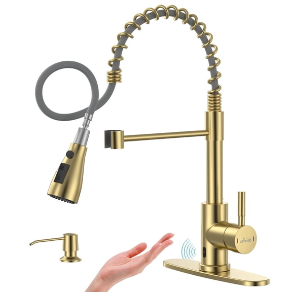 APPASO Touchless Kitchen Faucet with Pull Down Sprayer & Soap Dispenser, Single-Handle Spring Design, Brushed Gold Stainless Steel, Motion Sensor Activated