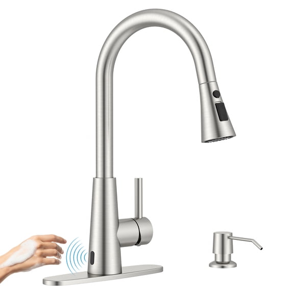 APPASO Touchless Kitchen Faucet with Soap Dispenser, Brushed Nickel Motion Sensor Faucet, Single Handle 3-Function Hands-Free Kitchen Sink Faucet with Pull Down Sprayer, Lead-Free cUPC Certified