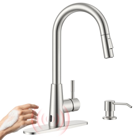 APPASO Touchless Kitchen Faucet with Soap Dispenser and Pull Down Sprayer 2 Modes, Brushed Nickel Motion Sensor Hands-Free Sink Faucets, S304 Stainless Steel