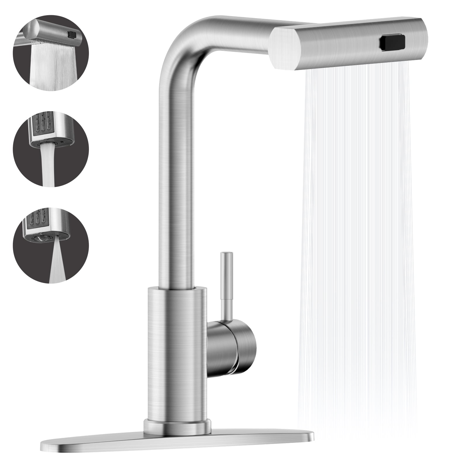 APPASO Waterfall Kitchen Faucet with Sprayer and Deck Plate, SUS304 Stainless Steel 360 Degree Swivel Kitchen Sink Faucet, High Arc Brushed Nickel Sink Faucet for Kitchen/Bathroom/Bar/RV/Outdoor