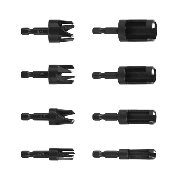 APPLAYERR Carbon Steel Wood Plug Cutter Drill Bit Set 8 Piece 1/4 Hex Shank Tapered Straight for Woodworking Projects