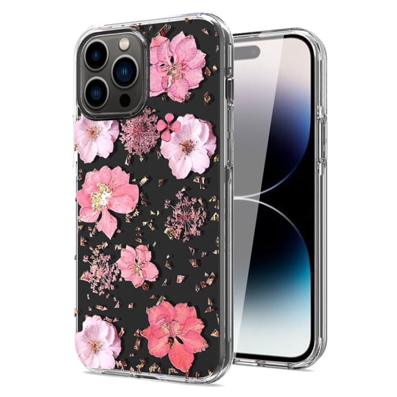 For APPLE IPHONE 14 PRO Phone Cases, Fashion Style Pressed dried flower Design Slim Hybrid Hard PC Slim Phone case Cover For iPhone 14 Pro In Pink