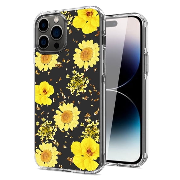 For APPLE IPHONE 14 PRO Phone Cases, Fashion Style Pressed dried flower Design Slim Hybrid Hard PC Slim Phone case Cover For iPhone 14 Pro In Yellow