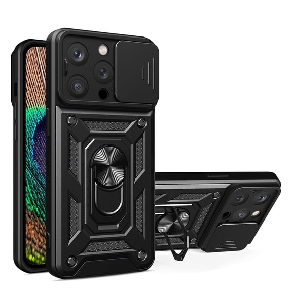 APPLE IPHONE 14 PRO Phone Cases, Hybrid Armor Kickstand Ring Holder with Slide Camera Cover TPU Fit Magnetic Car Mount Stand Phone Case for APPLE IPHONE 14 PRO In Black