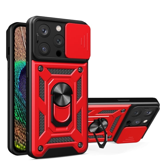 APPLE IPHONE 14 PRO Phone Cases, Hybrid Armor Kickstand Ring Holder with Slide Camera Cover TPU Fit Magnetic Car Mount Stand Phone Case for APPLE IPHONE 14 PRO In Red