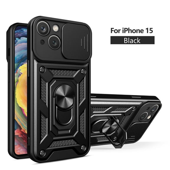 For APPLE IPHONE 15 Phone Cases, Kickstand Ring Holder with Slide Camera Cover TPU Magnetic Car Mount for APPLE IPHONE 15 In Black