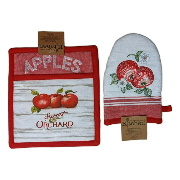 APPLE PICKING Sweet Orchard Embroidered Potholder & Oven Mitt Set, by Kay Dee