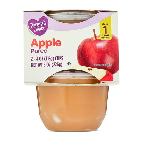 Parent's Choice Stage 1 Baby Food Apple Puree, 4 oz Cups, 2 Pack