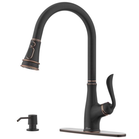 APPASO Oil Rubbed Bronze Kitchen Faucet, Stainless Steel Oil Rubbed Bronze High Arc Pull Out Kitchen Sink Faucets with Deck Plate and Soap Dispenser