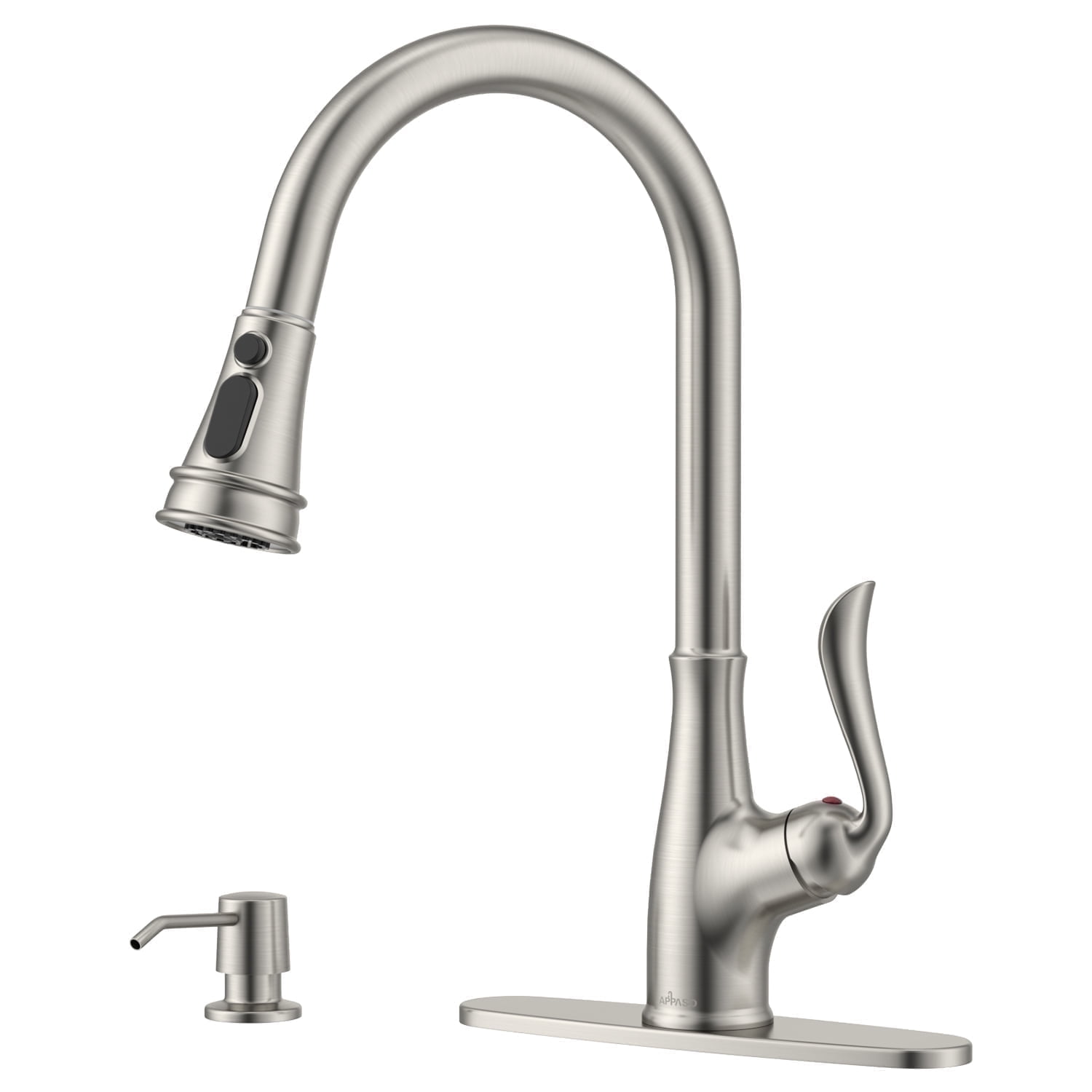APPASO Brushed Nickel Kitchen Faucet, Stainless Steel Brushed Nickel High Arc Pull Out Kitchen Sink Faucets with Deck Plate and Soap Dispenser