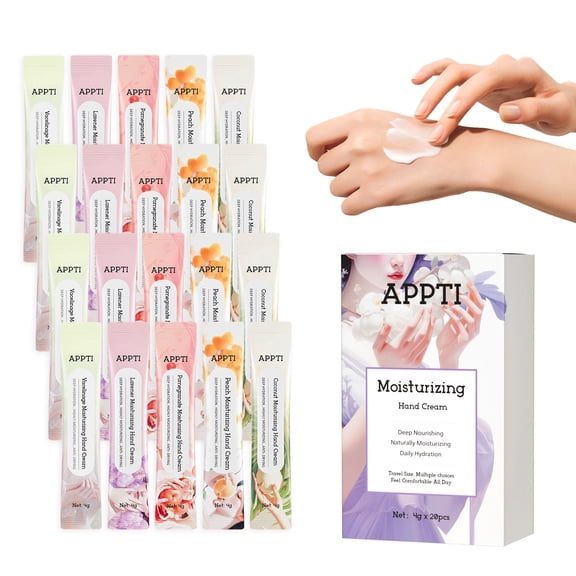 APPTI Hand Cream 4g20 Count Travel Size Individually Wrapped Moisturizing Hand Lotion, 5 Scents Coconut Peach Lavender Pomegranate Unscented, Dry Cracked Skin Repair Portable Strip Hand Cream