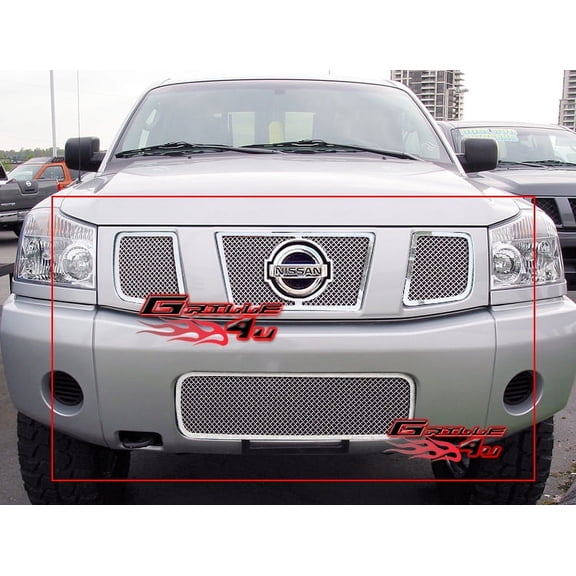 APS Compatible with Nissan Titan 2004-2006 & 07 Titan Classic Model & 04-07 Armada with Logo Show Stainless Steel Chrome Mesh Grille Insert Combo N77992T