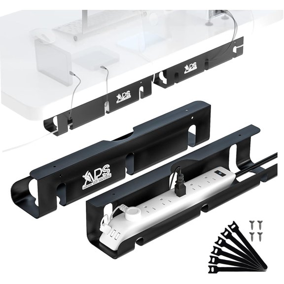 APS Under Desk Cable Raceway Tray 2 Pack - 16" Sturdy Metal Cord Organizer, No Drill Clamp Mount for Wire Hiding, Holds 15lbs+ for Office Home Desks - Black