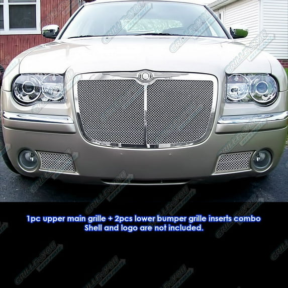 APS Premium Stainless Steel Chrome Mesh Grille Compatible with Chrysler 300 300C 2005-2010 Combo N19-X07017R