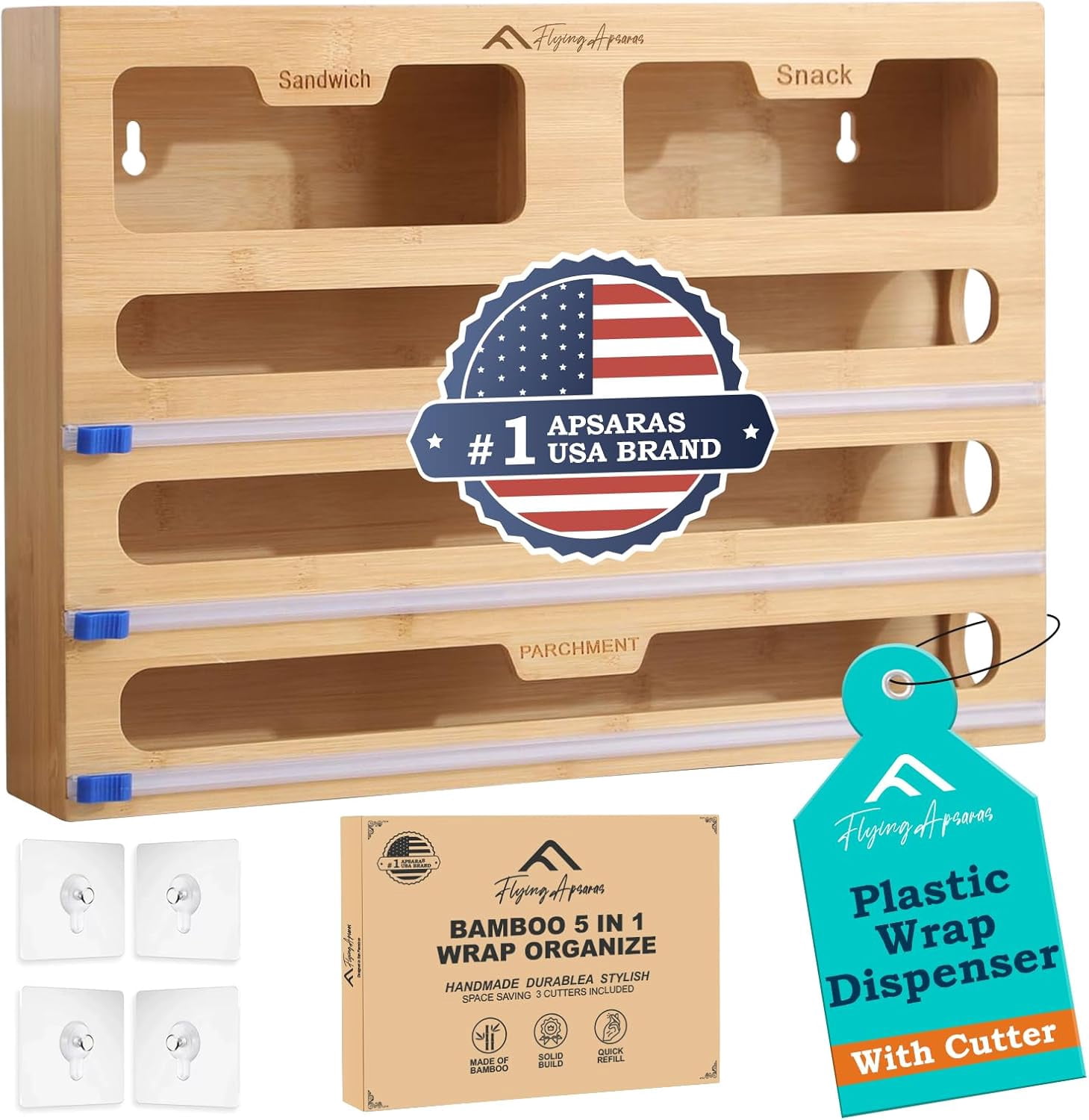 APSARAS USA 5 in 1 Bamboo Foil and Plastic Wrap Organizer for Kitchen Drawer, Ziplock Bag Organizer, Dispenser with Cutter, Plastic Bag Organizer, Food Storage Bag Organization