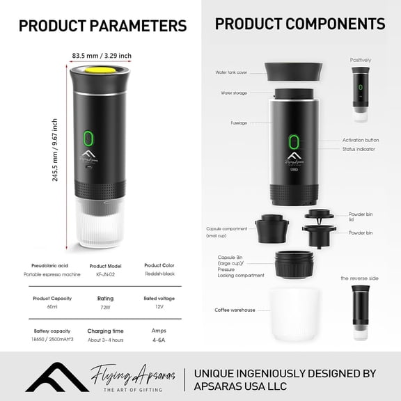 APSARAS USA Portable Coffee Maker for Travel, Portable Espresso Maker, 20 bar Mini Espresso Machine, 3in1 Travel Coffee Maker with Ground Coffee & Capsule(Ns&) for RV, Camping, Car
