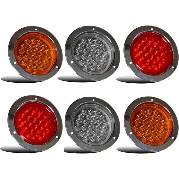 APSMOTIV Truck tail light 4" Round LED Trailer Tail Light Red/Amber/Clear 2PCS 24LED Brake Stop Turn Signal Brake Marker Clearance Running Lights Chrome Ring for 12V Truck Tail Lights