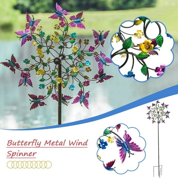 APSNB Garden Wind Spinner with LED Solar Lights, Metal Kinetic Yard Art Decor, Colorful Butterfly Design for Outdoor Lawn