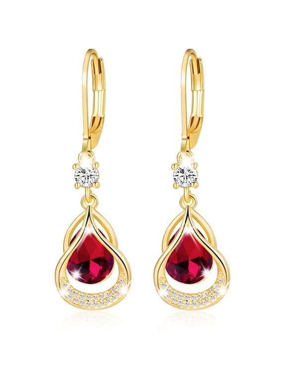 18K Gold Plated Drop Earrings for Women Hypoallergenic July Birthstone Dangle Earrings with Red Ruby Birthday Christmas Jewelry Gifts Teen Girls Stocking Stuffers Kids