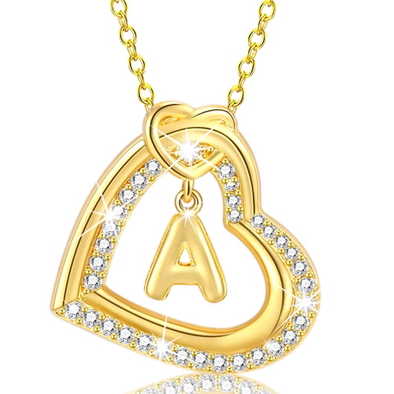 APSVO 18K Gold Plated Love Heart Initial Necklaces for Women Girls CZ Bubble Letter A Pendant Chain Birthday Valentines Day Jewelry Gifts Teen Her Girlfriend Wife Lady Female Adults Kids Age Ideas