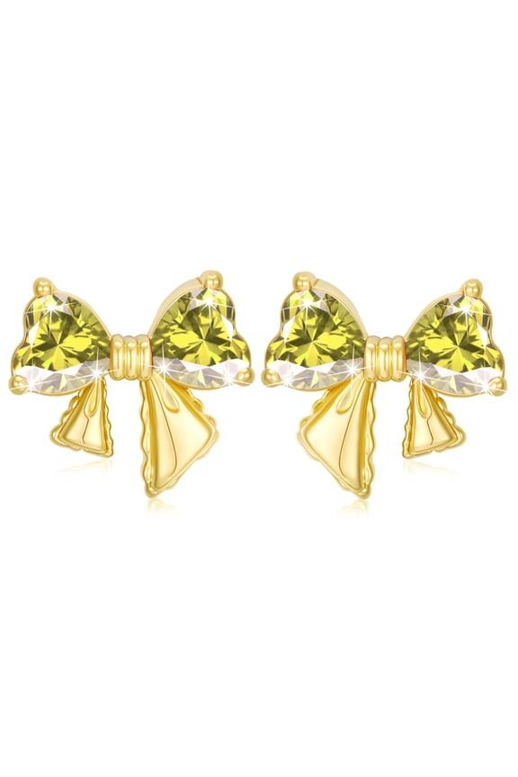 18K Gold Plated Bow Love Heart Stud Earrings for Women Girls Post CZ August Birthstone Earrings with Peridot Birthday Graduation Jewelry Gifts Teen Her Mom Wife Kids Wife Ideas