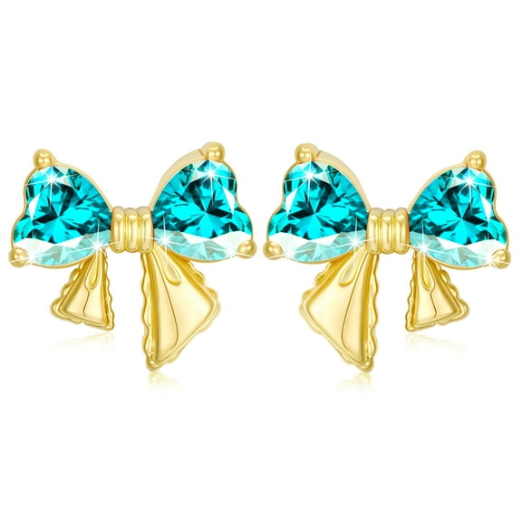 APSVO 18K Gold Plated Bow Love Heart Stud Earrings for Women Girls Hypoallergenic Post CZ December Birthstone Earrings with Blue Tanzanite Birthday Valentines Day Jewelry Gifts Teen Her Kids Ideas