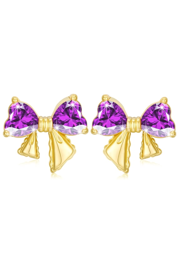 18K Gold Plated Bow Love Heart Stud Earrings for Women Girls Post CZ February Birthstone Earrings with Purple Amethyst Birthday Graduation Jewelry Gifts Teen Her Mom Wife Kids