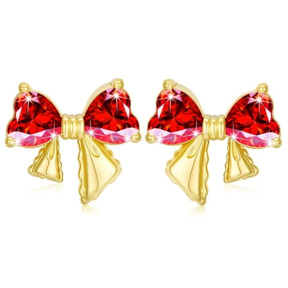 APSVO 18K Gold Plated Bow Love Heart Stud Earrings for Women Girls Post CZ July Birthstone Earrings with Red Ruby Birthday Graduation Mothers Day Jewelry Gifts Teen Her Mom Wife Kids Wife Ideas