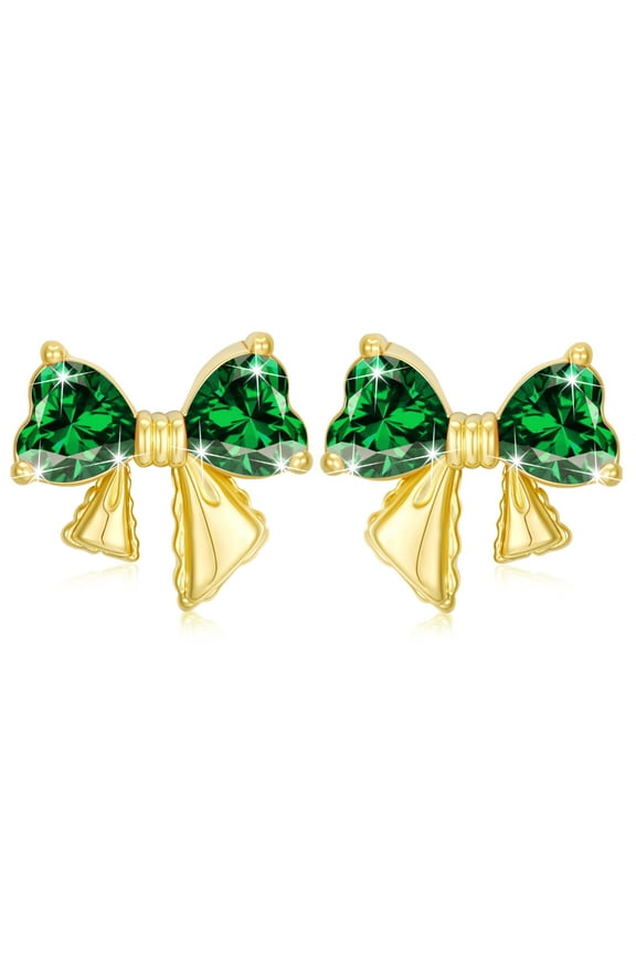18K Gold Plated Bow Love Heart Stud Earrings for Women Girls Hypoallergenic Post CZ May Birthstone Earrings with Green Emerald Birthday Easter Basket Stuffers Jewelry Gifts Teen Kids Ideas