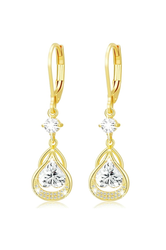 18K Gold Plated Love Heart Drop Earrings for Women Girls April Birthstone Earrings with CZ Crystal Birthday Valentines Day Jewelry Gifts Teen Her Girlfriend Wife Adults Lady Kids Age Ideas