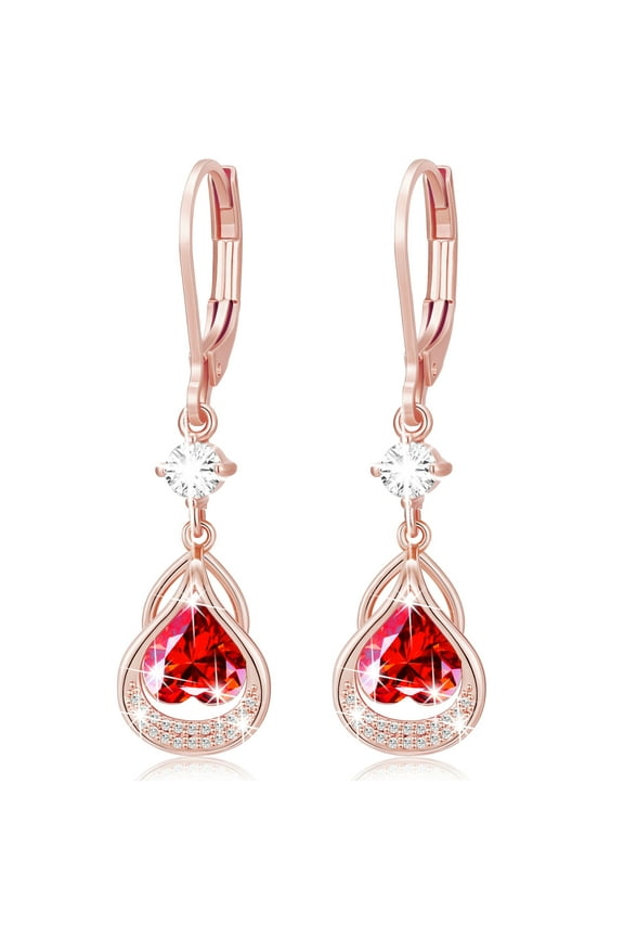 18K Rose Gold Plated Love Heart Drop Earrings for Women Girls Leverback July Birthstone Earrings with Red Ruby Birthday Easter Basket Stuffers Jewelry Gifts Teen Her Wife Kids Age Ideas