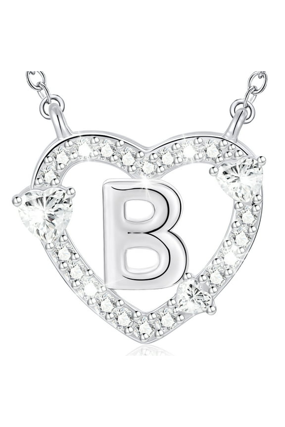 S925 Sterling Silver Plated Love Heart Initial Necklaces for Women Girls CZ Letter B Pendant Chain Stuff Accessory Birthday Easter Basket Stuffers Jewelry Gifts Teen Adults Girlfriend Kids