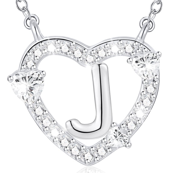 WEDDINEN S925 Sterling Silver Plated Love Heart Initial Necklaces for Women Girls CZ Letter J Pendant Chain Stuff Accessory Birthday Easter Basket Stuffers Jewelry Gifts Teen Adults Girlfriend Kids