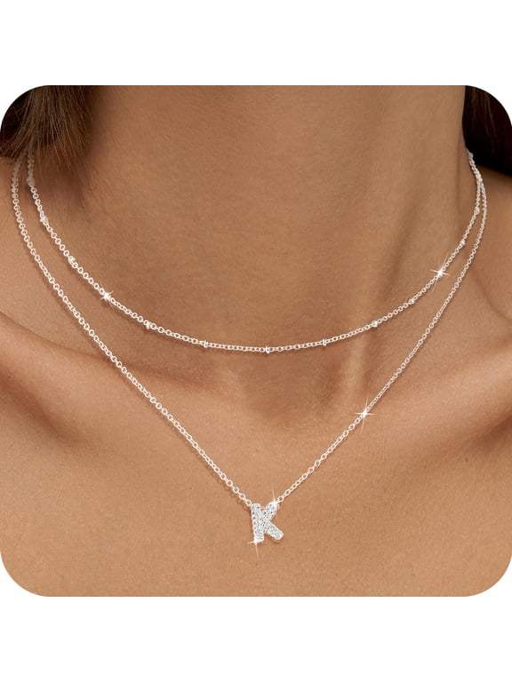 925 Silver Plated Initial Necklaces for Women CZ Letter K Pendant Chain Set Fashion Stuff Accessories Birthday Christmas Jewelry Gifts Teen Girls Stocking Stuffers Kids Age Ideas