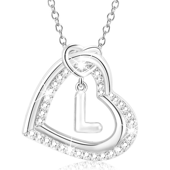 APSVO 18K White Gold Plated Love Heart Initial Necklaces for Women Girls CZ S925 Sterling Silver Letter L Pendant Chain Birthday Valentines Day Jewelry Gifts Teen Her Girlfriend Wife Kids Age Ideas
