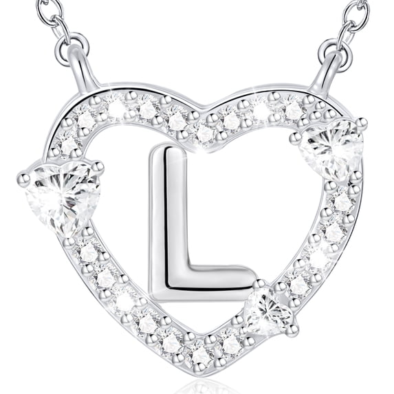 WEDDINEN S925 Sterling Silver Plated Love Heart Initial Necklaces for Women Girls CZ Letter L Pendant Chain Stuff Accessory Birthday Easter Basket Stuffers Jewelry Gifts Teen Adults Girlfriend Kids