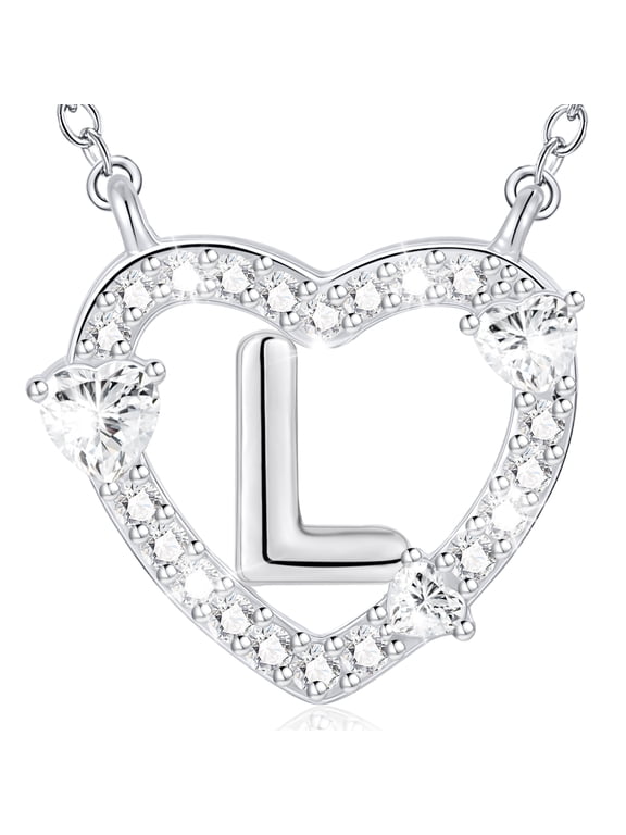 S925 Sterling Silver Plated Love Heart Initial Necklaces for Women Girls CZ Letter L Pendant Chain Stuff Accessory Birthday Easter Basket Stuffers Jewelry Gifts Teen Adults Girlfriend Kids