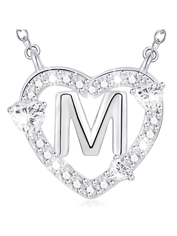S925 Sterling Silver Plated Love Heart Initial Necklaces for Women Girls CZ Letter M Pendant Chain Stuff Accessory Birthday Easter Basket Stuffers Jewelry Gifts Teen Adults Girlfriend Kids