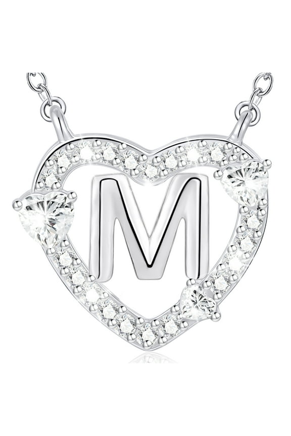 S925 Sterling Silver Plated Love Heart Initial Necklaces for Women Girls CZ Letter M Pendant Chain Stuff Accessory Birthday Easter Basket Stuffers Jewelry Gifts Teen Adults Girlfriend Kids