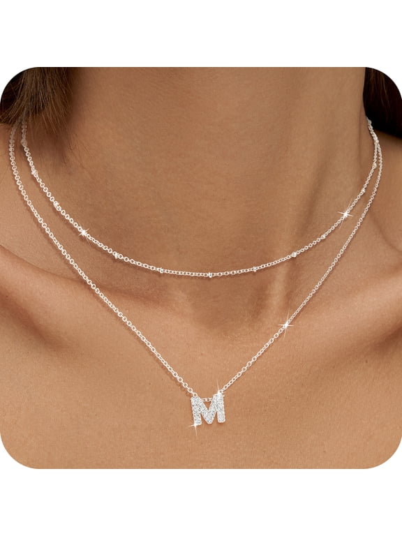 925 Silver Plated Initial Necklaces for Women CZ Letter M Pendant Chain Set Fashion Stuff Accessories Birthday Christmas Jewelry Gifts Teen Girls Stocking Stuffers Kids Age Ideas
